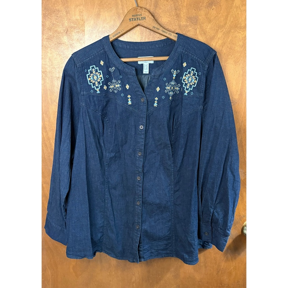 Dark Blue Denim Floral Embroidered Button Down Blouse Top Country Western Boho